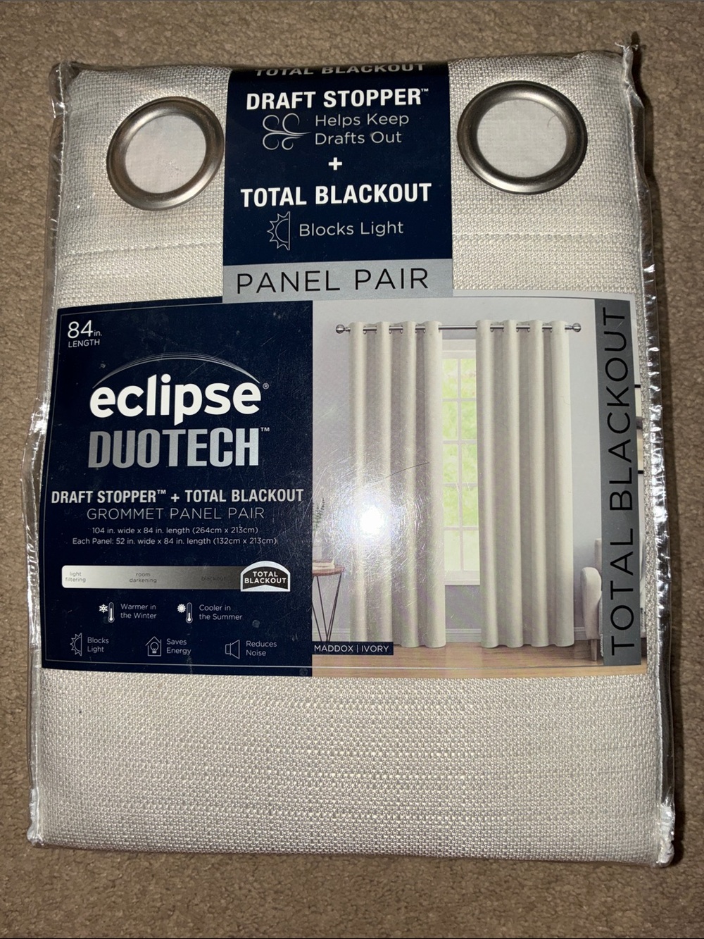 Eclipse Ivory Duotech Total Blackout Grommet Maddox Curtains 84” panel